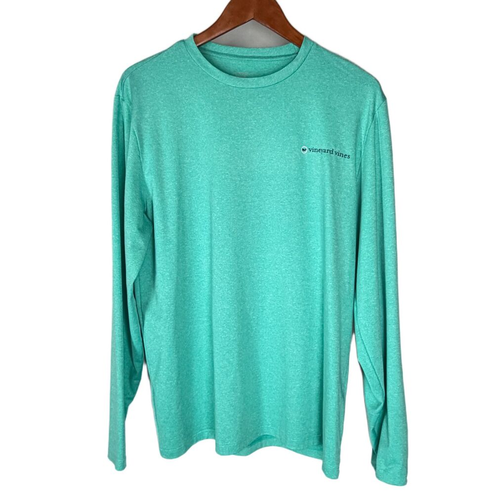 Vineyard Vines Performance Top Mens M Aqua Heather Wicking Knit Long Sleeve Logo